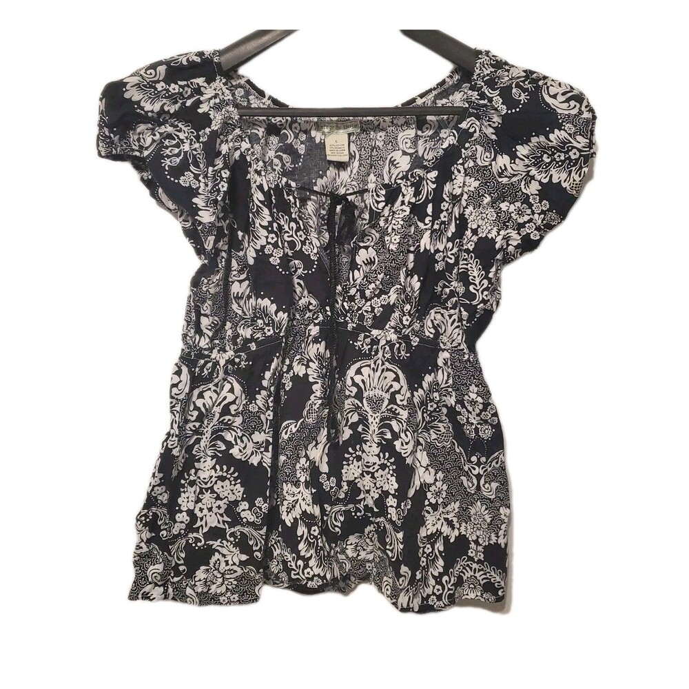 Vintage Suzie Top Lager Black White Floral Paisley Cotton Spandex Babydoll Boho